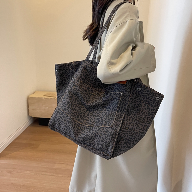 Women'S Tote Bags For Work - 레오파드 패턴 토트백 빈티지 캔버스 숄더백