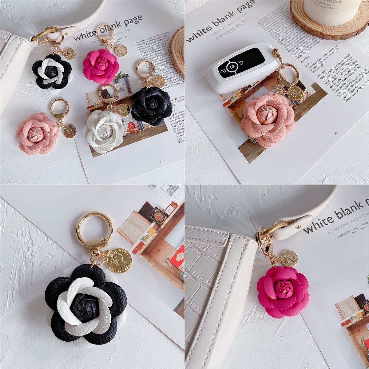 Women Bags Chanel - 샤넬용 참 키체인 – 가죽 카멜리아