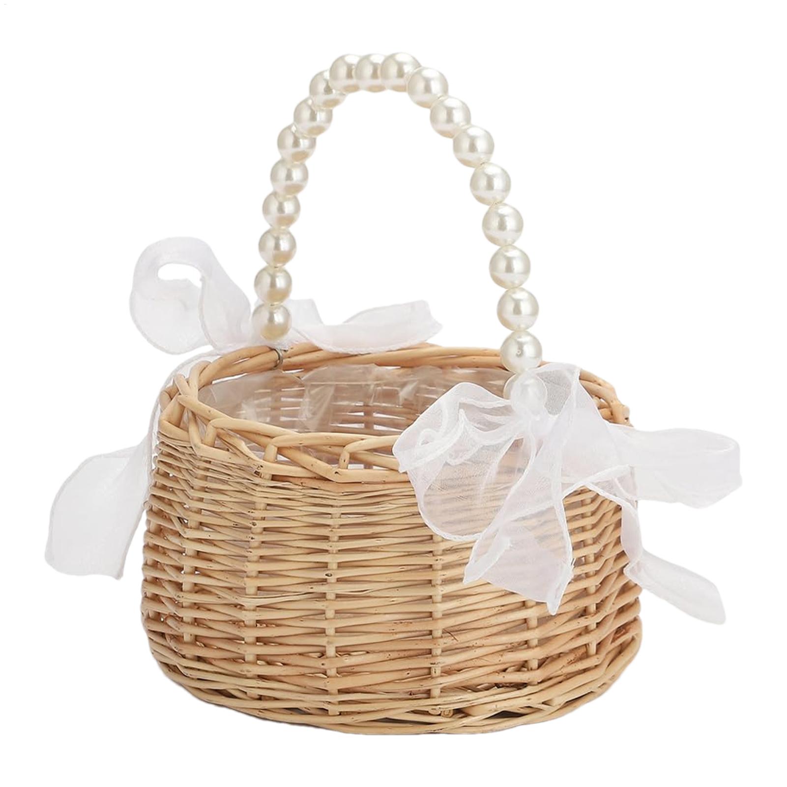 진주 손잡이와 리본이 달린 한 개의 위커 라탄 꽃바구니 - Basket Bag Wicker 리뷰 및 가격